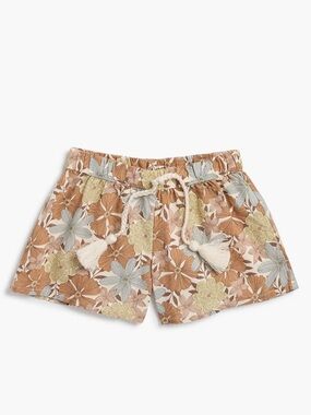 Rylee + Cru Floral Tassel Drawstring Shorts in Brown, Cream & Blue